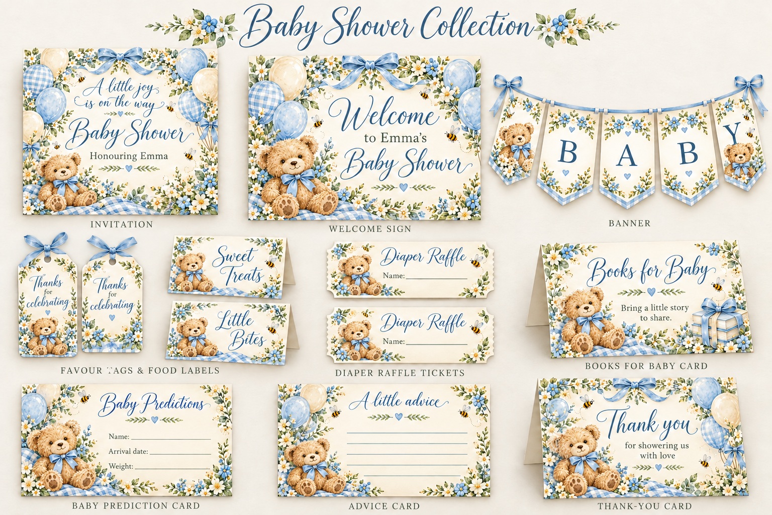 Complete Teddy Bear Baby Shower set showing Invitation, Welcome sign, Banner, Favour tags, Food labels, Diaper raffle tickets, Books-for-baby card, Prediction card, Advice card, Thank-you card