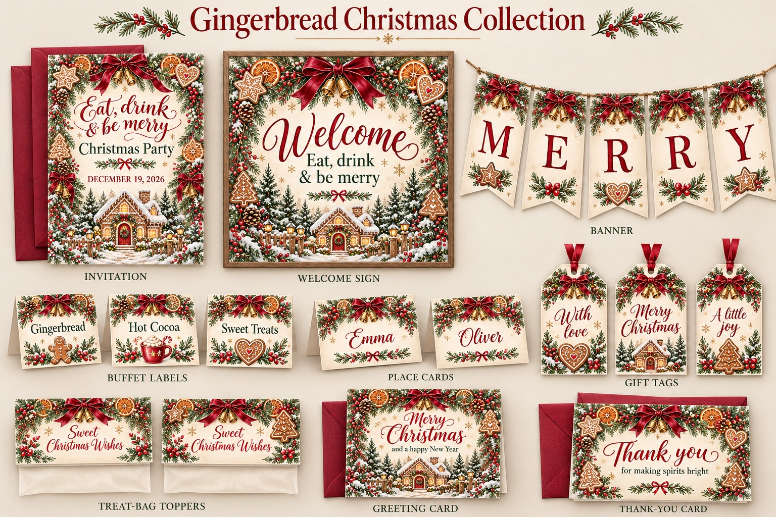 Complete Gingerbread Christmas Party set showing Invitation, Welcome sign, Banner, Buffet labels, Place cards, Gift tags, Treat-bag toppers, Greeting card, Thank-you card