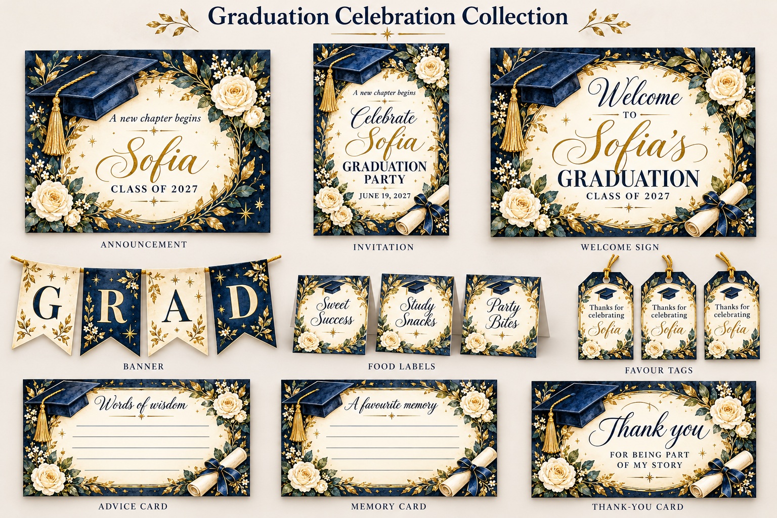 Complete Navy & Gold Graduation set showing Announcement, Invitation, Welcome sign, Banner, Food labels, Favour tags, Advice card, Memory card, Thank-you card