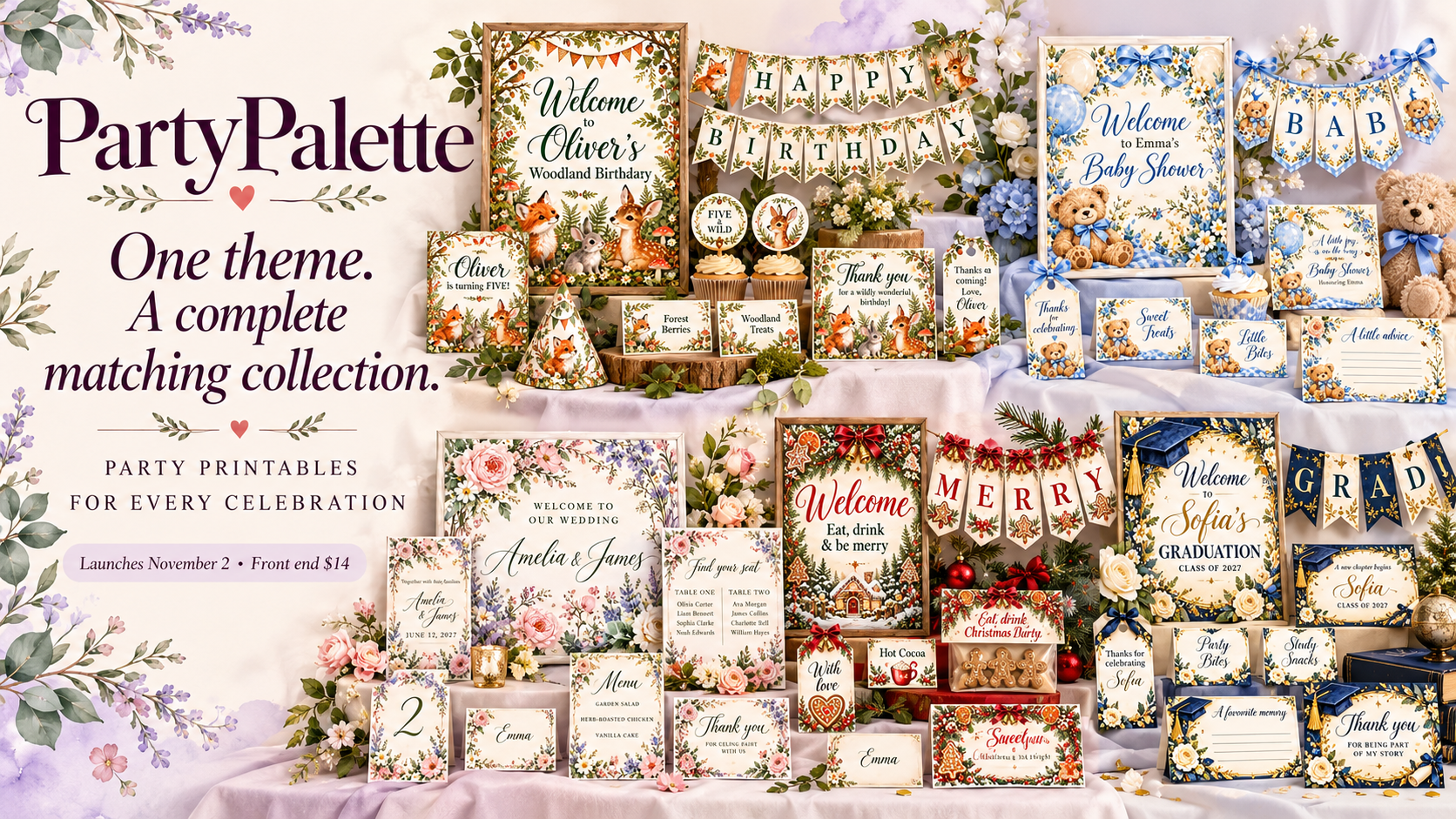 PartyPalette promotional graphic displaying five coordinated party-printable collections