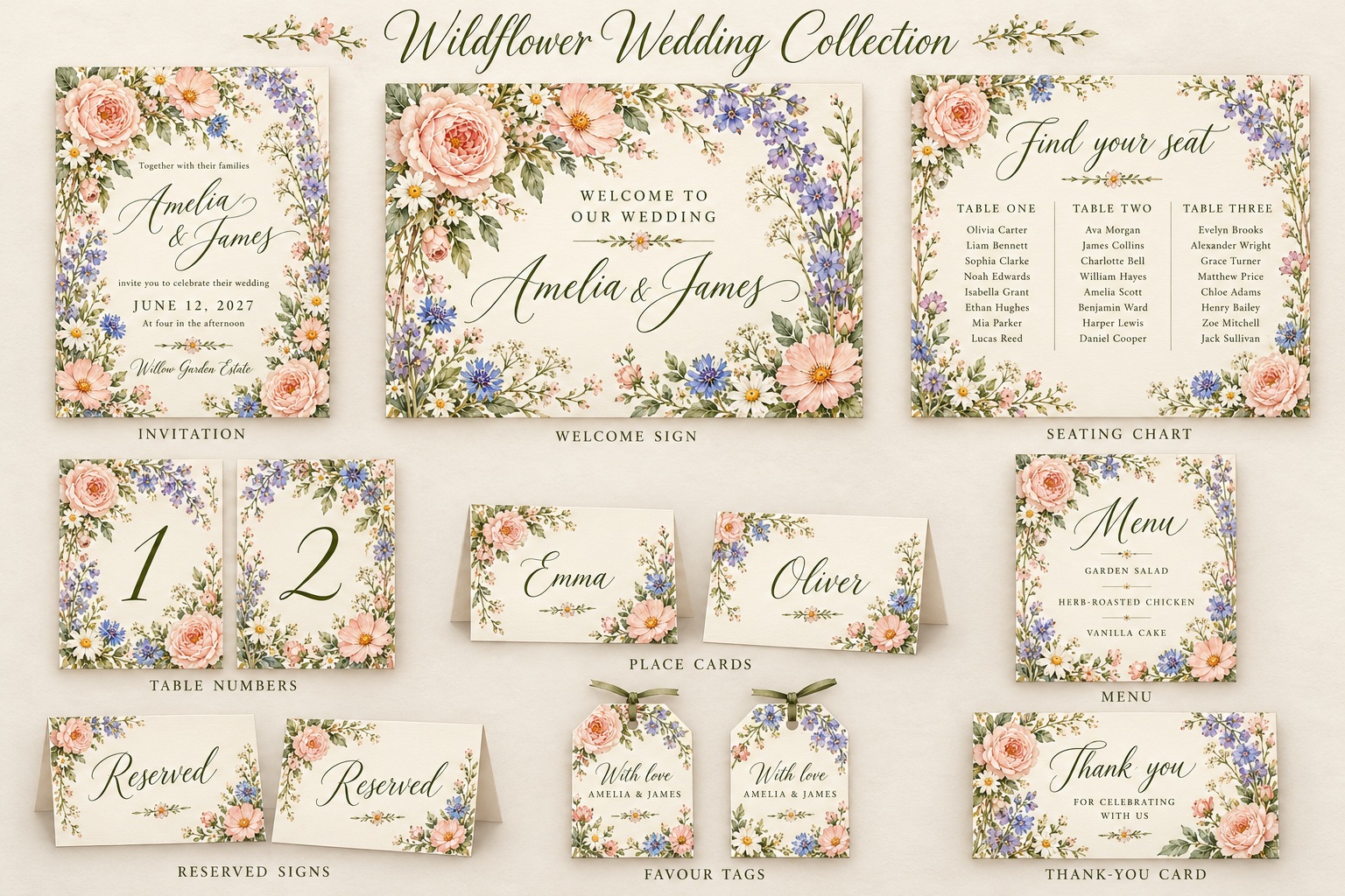 Complete Wildflower Wedding set showing Invitation, Welcome sign, Seating chart, Table numbers, Place cards, Menu, Reserved signs, Favour tags, Thank-you card