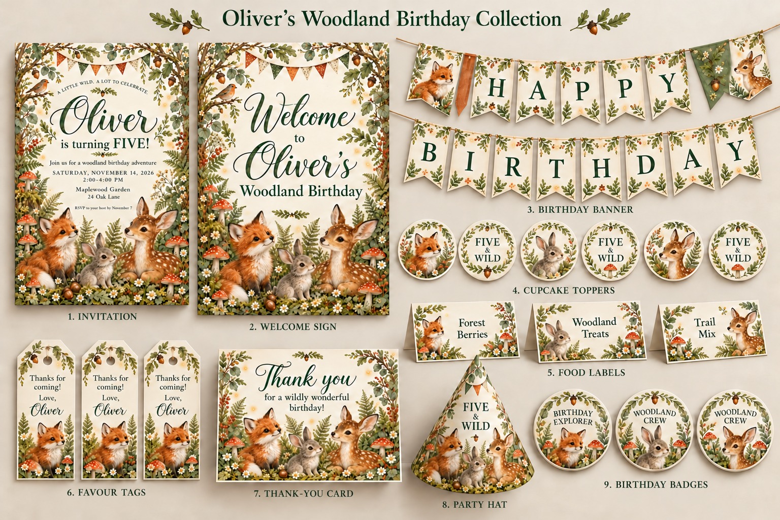 Complete matching woodland birthday collection with nine printable types